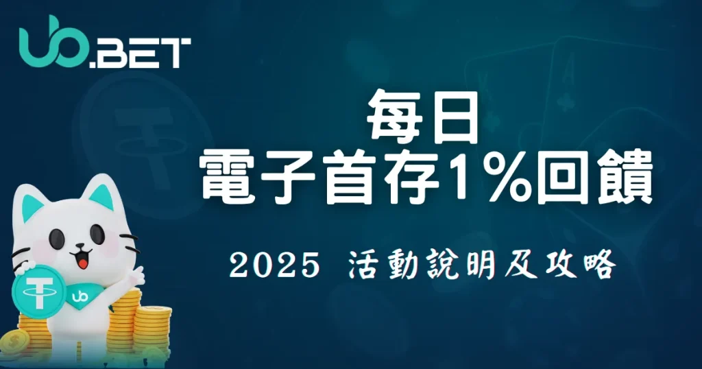 優塔娛樂城活動封面圖，白色吉祥物貓咪手拿 USDT 圖案硬幣，旁邊有金幣堆疊，標題文字「每日電子首存 1% 回饋，2025 活動說明及攻略」